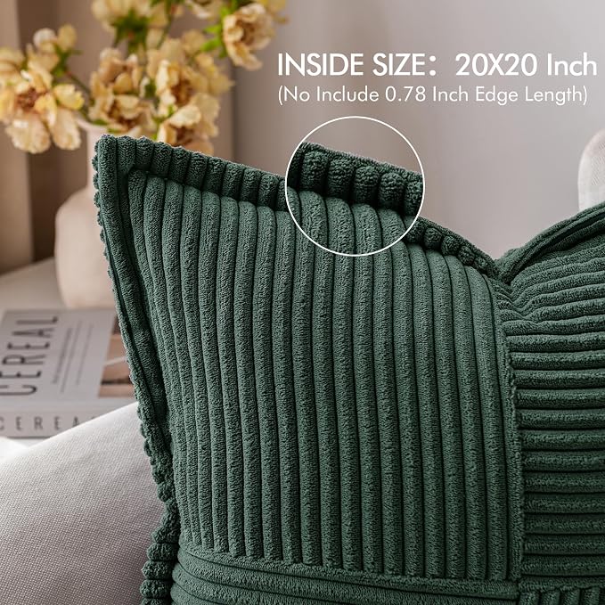 MIULEE Decorative Throw Pillow Covers for Couch Bed Livingroom 20x20 Inch Set of 2 Dark Green Boho Accent Throw Pllows Broadside Striped Patchwork Soft Corduroy Pillowcases - Image 2