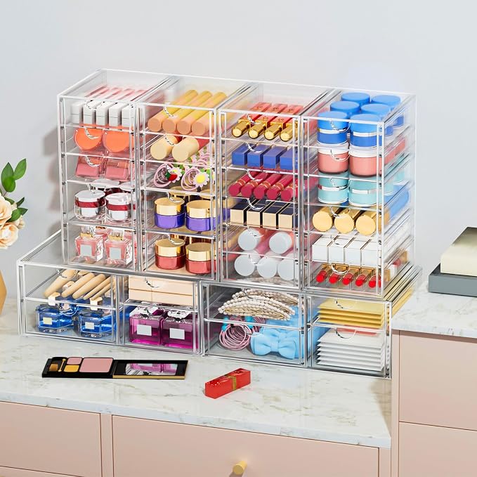 caktraie 6-Pack 30-Drawer Acrylic Storage & Makeup Organizer for Desk | Smooth-glide drawers, clear body, dustproof, for office supplies, pens, stationery, jewelry, cosmetics, craft bits - Image 4