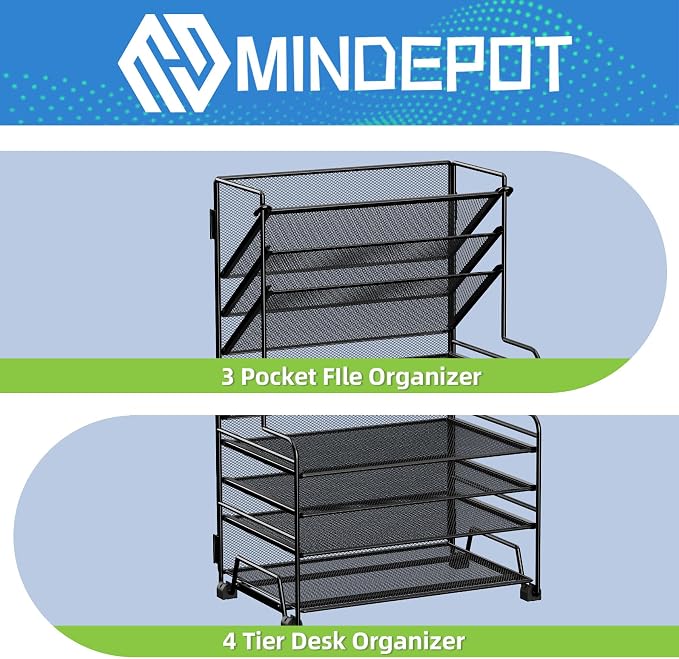 MINDEPOT 4-Tier Paper Organizer + 3-Pocket File Holder + Drawer + Pen Holders, Desktop File Organizers Paper Tray for Office Supplies School Classroom Organization (Black, No Drawer & Pen Holder) - Image 3