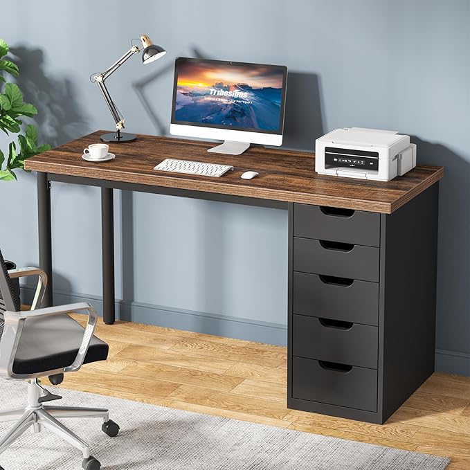 Tribesigns Computer Desk with 5 Drawers, 47 inches Rustic Brown Home Office Desk with Storage, Modern Simple Laptop Desk Study Writing Table for Small Spaces (1, Brown+Black) by Unknown