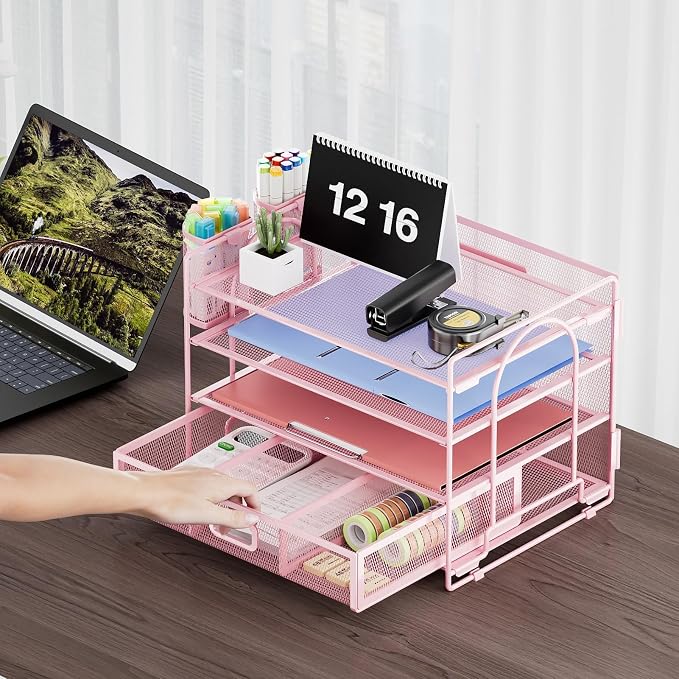 Marbrasse Desk Organizer, 4-Tier Paper File Letter Tray, Pink-2P | Sturdy Paper Tray, File Holder, Built-in Drawer, 2 Pen Slots, fits Letters/Files, for School Home Office Supplies - Image 4