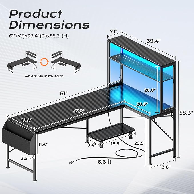 PRAISUN L Shaped Gaming Desk with LED Lights & Power Outlets, Reversible Computer Desk with Storage Shelves & Bag, Large Corner Home Office Desk with Pegboard for Work from Home, Carbon Fiber Black - Image 2