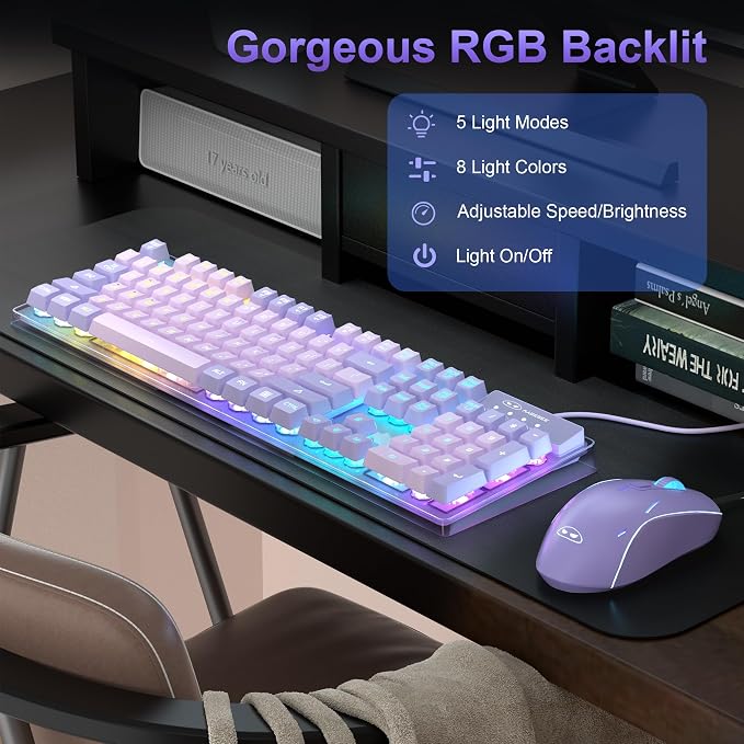Gaming Keyboard and Mouse Combo, K1 RGB LED Backlit Wired Keyboard with 104 Key Computer PC Gaming Keyboard for PC/Laptop (Purple) - Image 3