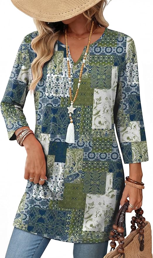 OFEEFAN Summer Boho Tops For Women 3/4 Length Sleeve Womens Tops Vacation Outfits by OFEEFAN