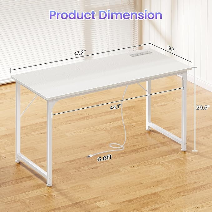 PRAISUN 47 X 20 Inch Computer Desk, Power Outlets, USB-C, White | Office Desk with 4 AC Outlets, USB & USB-C, Sturdy Metal Frame, Spacious Desktop for Work, Writing, Study & Gaming - Image 3