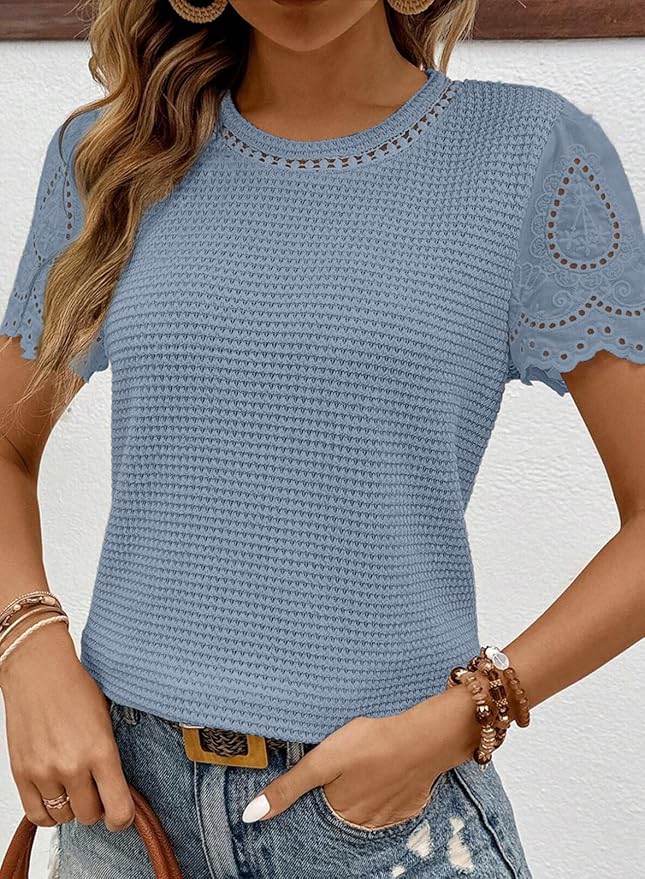 SHEWIN Womens Frenchy Summer Tops Crewneck Short Sleeve T Shirts Casual Waffle Knit Jacquard Blouses Top Shirts - Image 3
