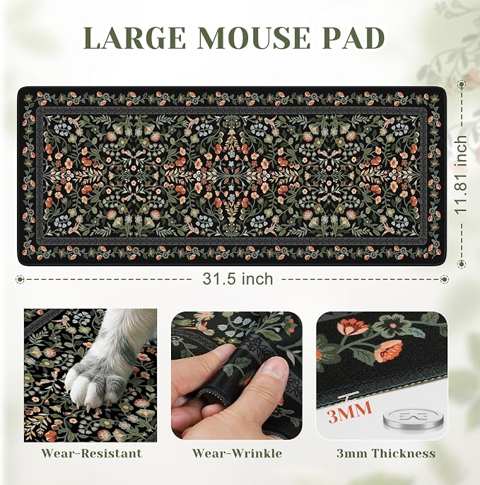 iCasso Aesthetic Floral Desk Mat,Retro Mouse Pads,31.5x11.8in, Black | Anti-Slip Mousepad with Stitched Edges, Waterproof Computer Pad, Desk Accessories Office Decor for Women - Image 2