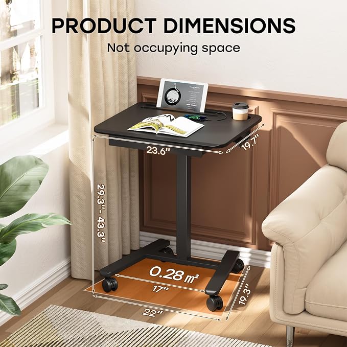 Small Mobile Standing Desk with Drawer, 23.6" x 19.7" Top | Height Adjustable Rolling Teacher Desk with Cup Holder and Hooks, Portable Workstation on Wheels for Classroom & Study, Black - Image 2