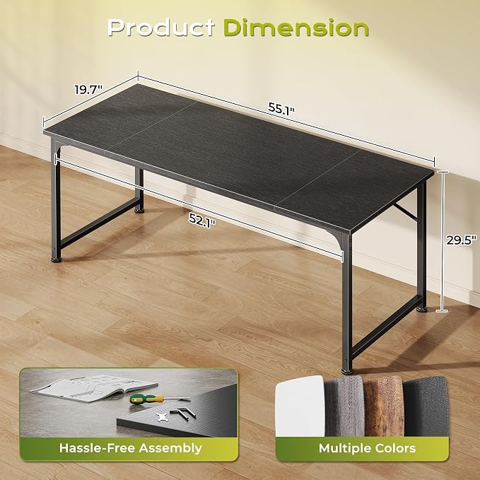 PRAISUN 55 Inch Computer Desk, Home Office Desk with Spacious Desktop, Black - Image 3