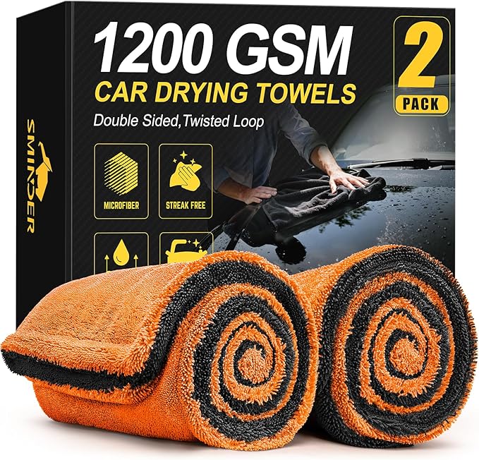 SMINDER 2-Pack 1200 GSM Car Drying Towels – Microfiber Towels for Cars (36" x 24"), Ultra-Absorbent, Streak-Free, Scratch-Free, No Water Spots, Double-Twist Pile & Edgeless Design(Orange) by SMINDER