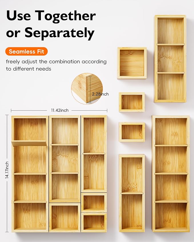 Bamboo Drawer Organizer Set, 6 PCS Desk Drawer Organizer Trays with 12 Compartments, Wood Storage Boxes for Junk Drawer, Kitchen Utensils, Office Supplies, Makeup, Jewelry, Bathroom - Image 2