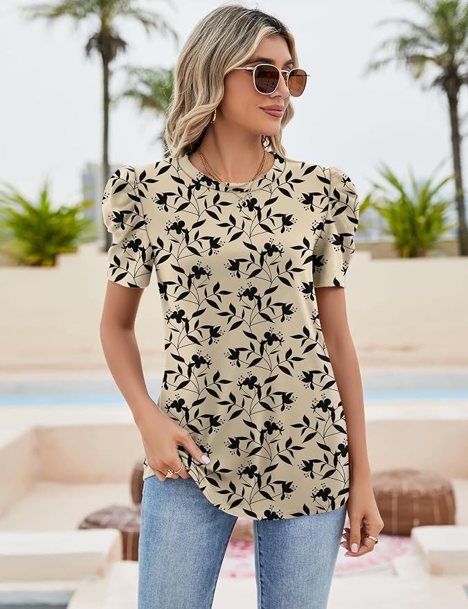 Ivicoer Puff Short Sleeve Shirt for Women Eyelet Tops Summer Crewneck Blouse Loose Fit S-XXL - Image 2