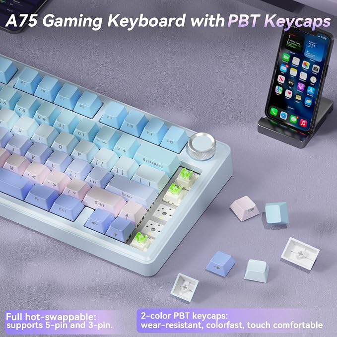 SOLAKAKA A75 Wireless Mechanical Keyboard, Hot Swappable Gaming Keyboard with RGB Backlit, Multifunction Knob, Gasket Mounted Creamy Keyboard, BT5.0/2.4GHz/USB-C, 75% Compact Layout for Win/Mac/PC - Image 4