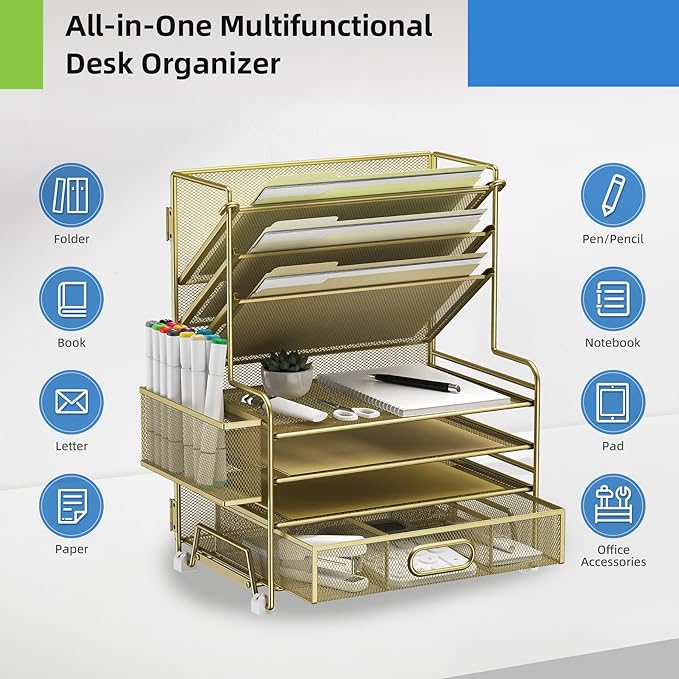 MINDEPOT 4-Tier Paper Organizer + 3-Pocket File Holder + Drawer + Pen Holders, Desktop File Organizers Paper Tray for Office Supplies School Classroom Organization (Gold, with Drawer & Pen Holder) - Image 4