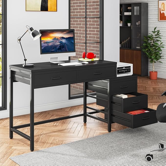 Tribesigns Computer Desk with 5 Drawers, Reversible Home Office Desks | Small Desk with Drawer Cabinet Printer Stand, PC Desk with Storage, Black Study Writing Table Workstation for Small Spaces - Image 3