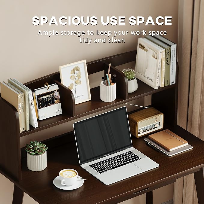 IOTXY Small Writing Desk with Hutch - 31.5" Work Computer Study Table | Black Walnut, Storage Drawer, Space-saving for Home and Office, with Bookshelves - Image 3