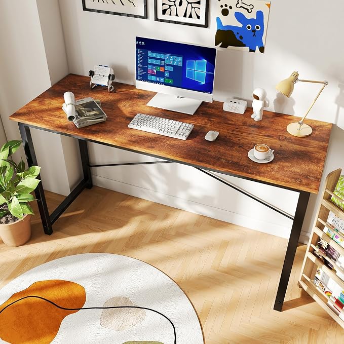 DUMOS 55 Inch Small Computer Desk, Gaming Desks for Home Office Bedroom | Modern Study Writing Work Table, Craft PC Desk Simple Workstation with Reinforcement Structure, Rustic Brown - Image 2