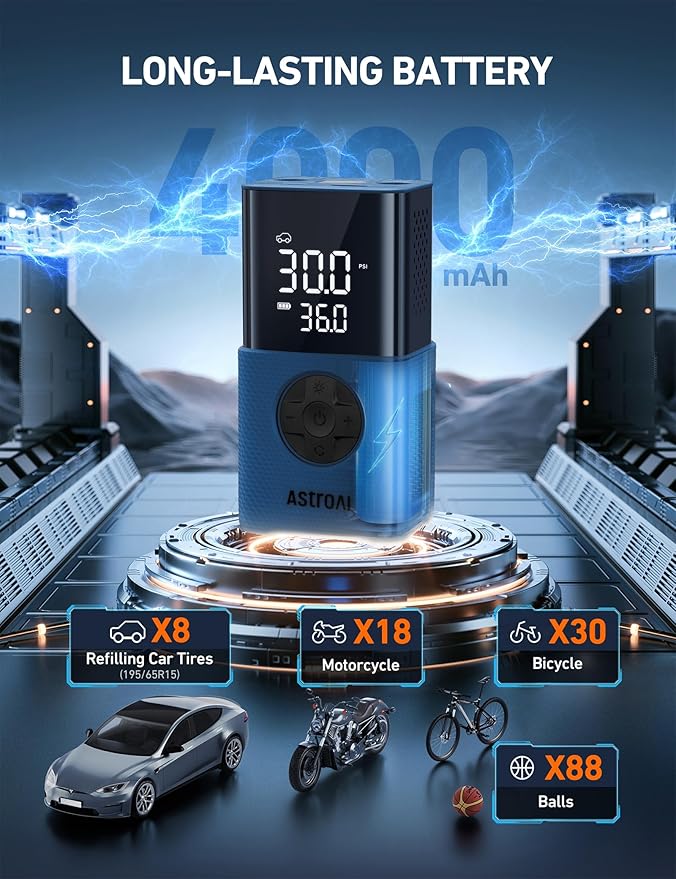 AstroAI L7S Tire Inflator Portable Air Compressor Cordless with Digital Pressure Gauge, 150 PSI LED Light Bike Air Pump with Fast Inflation & Auto Shut-Off for Car Tires,Motorcycles,Bikes,Balls,Blue - Image 3