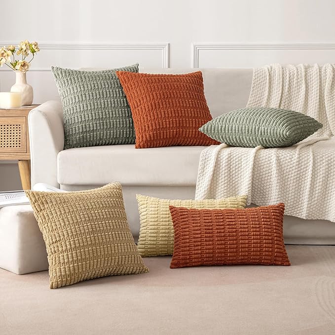 MIULEE Pack of 2 Corduroy Decorative Throw Pillow Covers 18x18 Inch Soft Boho Striped Pillow Covers Modern Farmhouse Home Decor for Summer Sofa Living Room Couch Bed Light Olive Green - Image 3