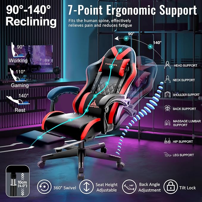 Gaming Chair,Ergonomic Massage Office Desk Chair with Footrest,Red | Pocket Spring Cushion,Reclining,Thick High Back,Headrest and Lumbar Support,Adjustable Leather Computer Chair Gamer Chair - Image 6