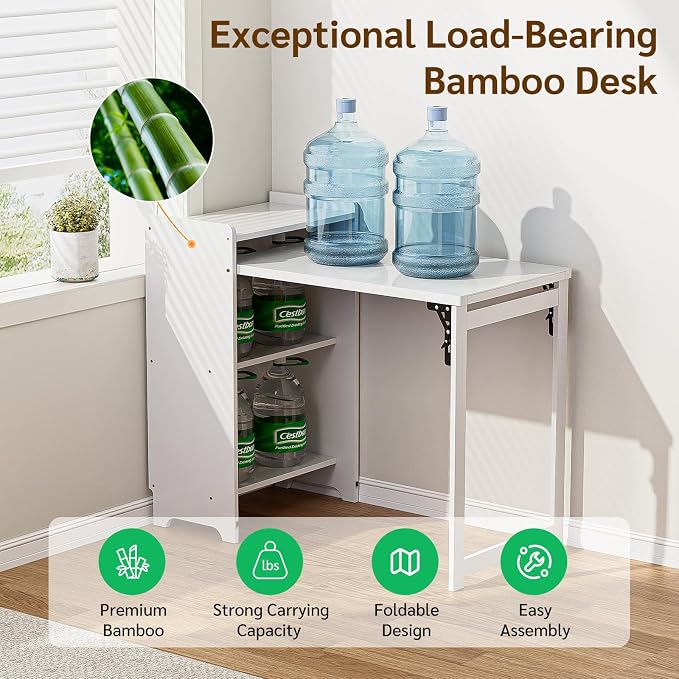 Bamboo Folding Desk with Storage, Foldable Desk for Small Spaces, White | Space-Saving Computer Desk with Storage, Compact Size, Writing Study Table for Home Office, Bedroom, Dorm, Apartment - Image 4