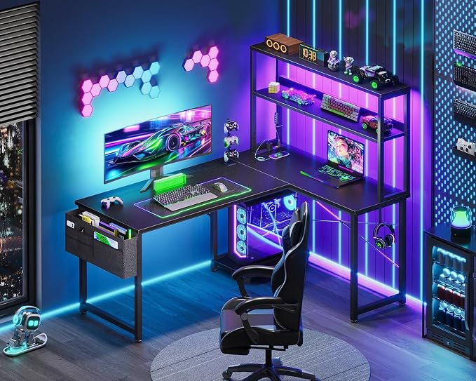 AODK L Shaped Desk Gaming Desk with LED Light & Power Outlet | 43 Inch Black Reversible L Shaped Computer Table with Shelf, Corner Desk with Storage Bag&Hook for Home Office Desk - Image 2