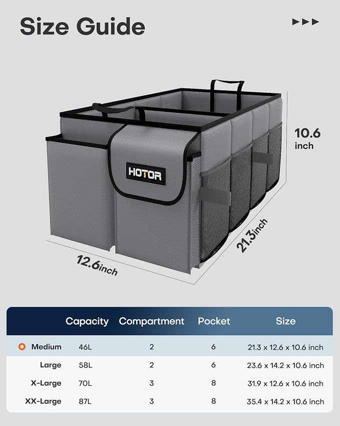 HOTOR Trunk Organizer for Car - Car Organizer, Foldable Trunk organizer for SUVs & Sedans, Sturdy Organization for Car Accessories, Tools, Sundries, Grey, 2 Compartments, 21.3"×12.6"×10.6" - Image 2