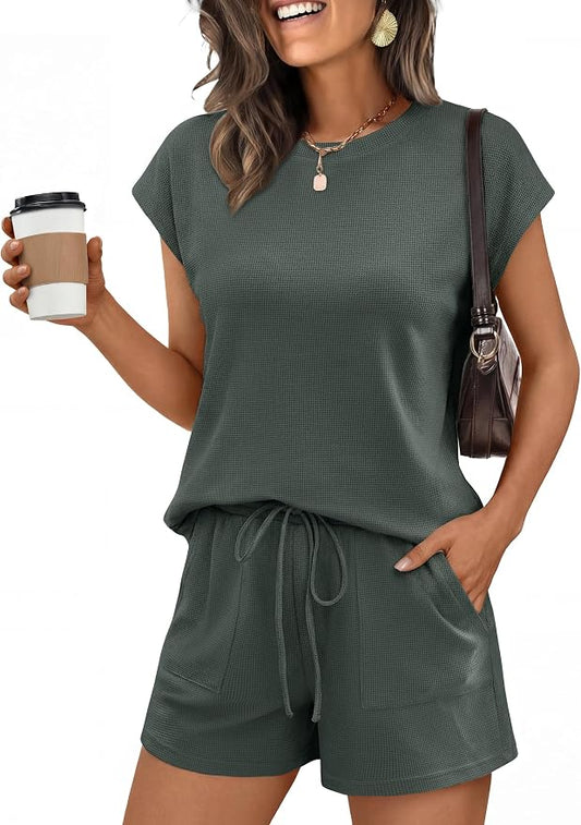 ANRABESS Womens Waffle Knit 2 Piece Short Sets Cap Sleeve Summer 2026 Matching Lounge Outfits Travel Beach Vacation Sweatsuit by ANRABESS