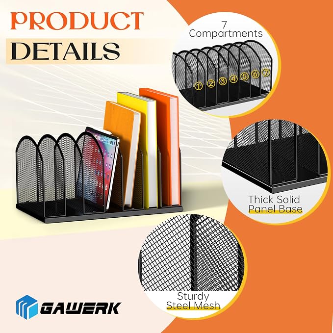 2 Pack 7-Section Metal Upright File Sorter Organizer，Office Small Letter Sorter Desktop File Organizer Metal Mesh Iron Sole, Black - Image 4