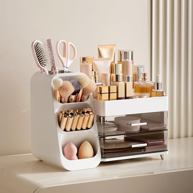HBlife Makeup Organizer with Brush Holder for Vanity, Large Plastic Bathroom Countertop Organizer Skin Care Storage, Easy to Store Lipsticks, Nail Polishes, Perfumes, Eyeshadow Palettes, White - Image 5