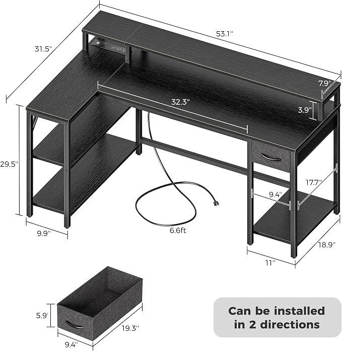 SUPERJARE 53 inch L Shaped Gaming Desk with LED Lights & Power Outlets, Reversible Computer Desk with Shelves & Monitor Stand, Corner Desk with Drawer, for Home & Office, Black - Image 3