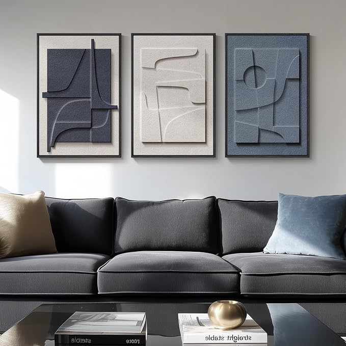 3D Textured Framed Blue and White Abstract Wall Art, 3 Piece Modern Artwork for Walls, Minimalist Navy Blue Geometric Wall Paintings for Living Room, Bedroom, Dining Room, Office Wall Decor 16x24 In - Image 2