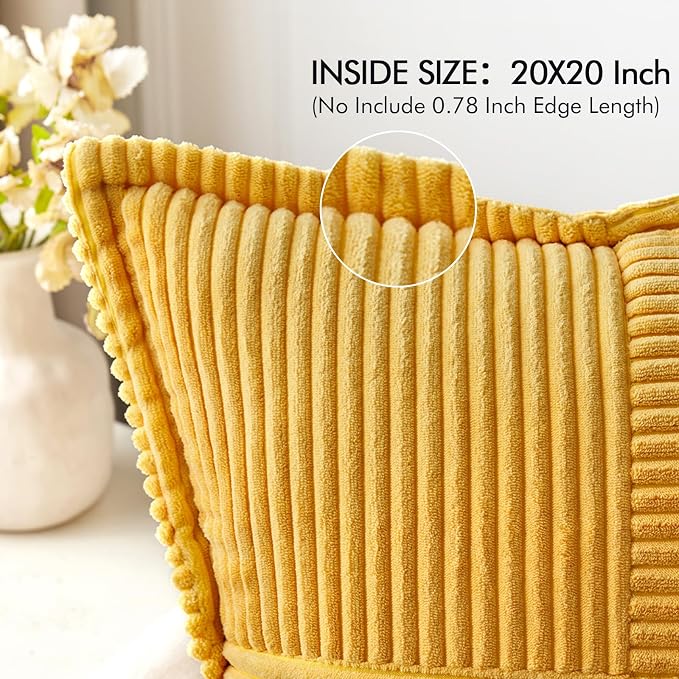 MIULEE Golden Yellow Corduroy Pillow Covers 20x20 Inch with Splicing Set of 2 Soft Boho Striped Pillow Covers Broadside Decorative Textured Summer Pillowcases for Couch Cushion Bed Livingroom - Image 2