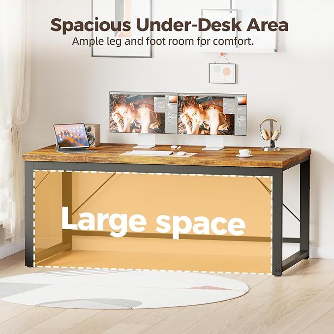 Mericonia 63 Inch Computer Desk, 1" Thick Large Office Table, Brown | Modern Simple Style, Heavy Duty Industrial Frame, Large Study & Writing Table for Home Bedroom Work - Image 6