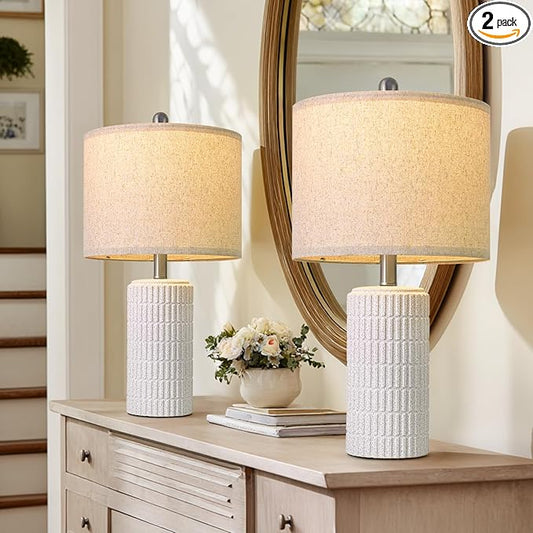PoKat 20.75" Stone-Like Farmhouse Ceramic Table Lamps Set of 2 for Bedroom, White Bedside Lamps for Night Stands, Matte-Textured Decor Nightstand Table Lamps for Living Room End Table White by Pokat