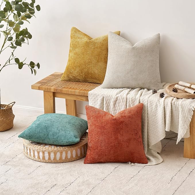 MIULEE Pack of 4 Couch Throw Pillow Covers 20x20 Inch Neutral Orange/Teal Soft Decorative Chenille Pillow Covers Farmhouse Accent Cushion Covers for Boho Fall Home Decor Sofa Bedroom Living Room - Image 5
