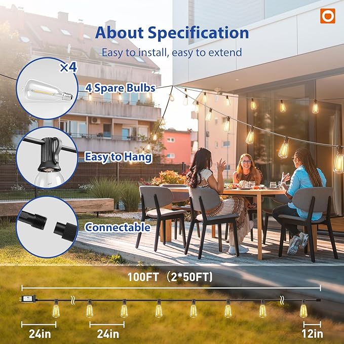 addlon 100FT(50FT*2) Outdoor String Lights ST38 LED with Remote Waterproof | 54 Dimmable Shatterproof Replaceable Bulbs, Connectable Hanging Strand for Porch Backyard Patio Garden Deck Outside, Timer - Image 5