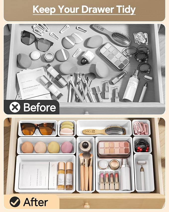 KEMETHY 25 PCS Plastic Drawer Organizers Set, 4 Sizes Vanity Organizer, Makeup and Desk Drawer Organizer Trays, Organization and Storage for Makeup, Bathroom, Kitchen Utensils and Office (White) - Image 3