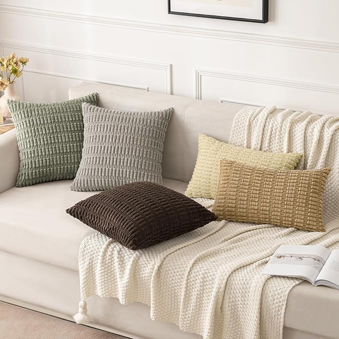 MIULEE Pack of 2 Corduroy Decorative Throw Pillow Covers 18x18 Inch Soft Boho Striped Pillow Covers Modern Farmhouse Home Decor for Summer Sofa Living Room Couch Bed Light Olive Green - Image 2