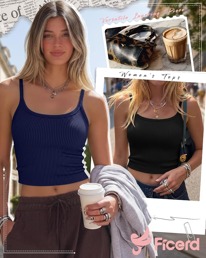 Ficerd 3 Pack Women's Tank Tops 95% Cotton Spaghetti Strap Ribbed Crop Camisole Slim Fitted Basic Summer Sleeveless Layer - Image 4