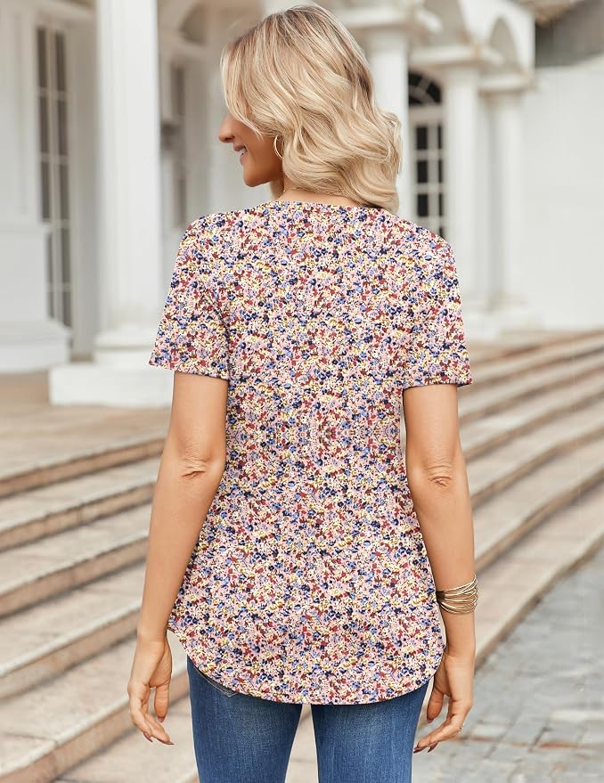 Zeagoo Womens Short Sleeve Tops Summer Henley V-Neck Tshirts Casual Pleated Blouse Dressy Loose Floral Basic Tee - Image 6