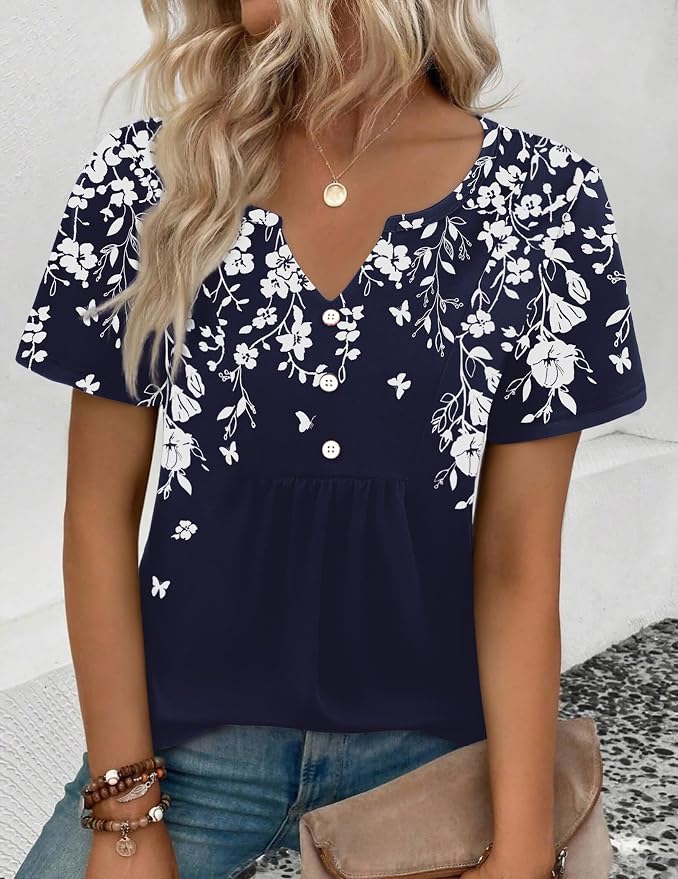 Zeagoo Womens Short Sleeve Tops Summer Henley V-Neck Tshirts Casual Pleated Blouse Dressy Loose Floral Basic Tee - Image 3