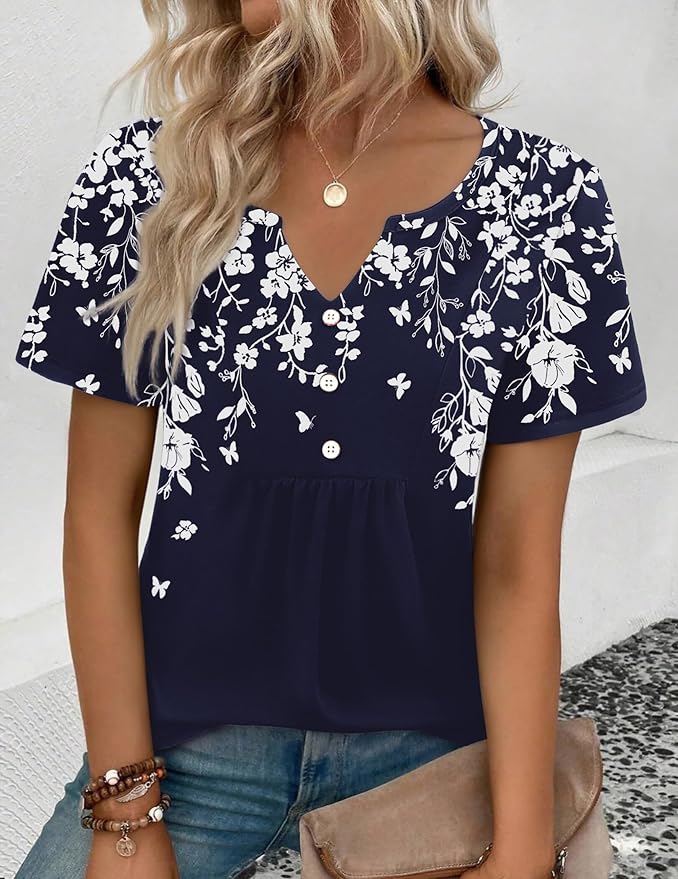 Zeagoo Womens Short Sleeve Tops Summer Henley V-Neck Tshirts Casual Pleated Blouse Dressy Loose Floral Basic Tee - Image 3