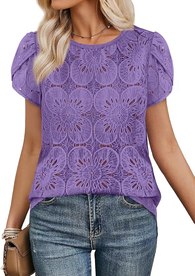 OFEEFAN Blouses for Women Dressy Casual Petal Short Sleeve Shirts Crochet Lace Boho Tops Spring Fashion Summer Outfits - Image 2