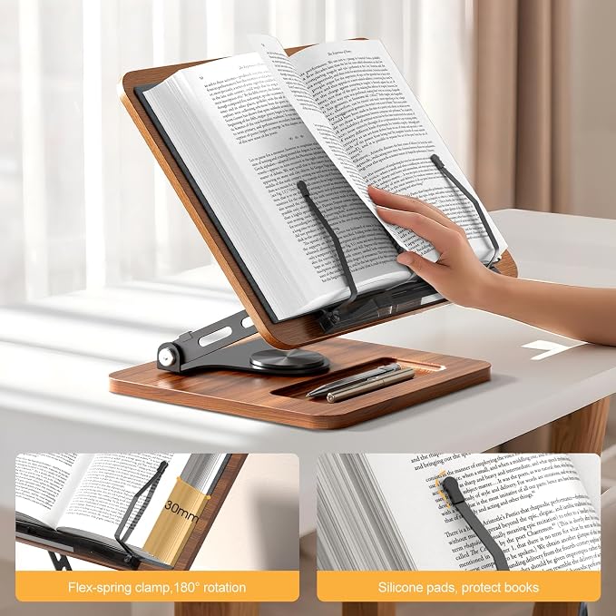 OPTIXCELL Book Stand for Reading, 360° Rotating Book Holder, Page Clips | Hands Free, Built-in Storage Tray, Adjustable Height Angle, Non-Slip, Foldable 13.3x9.4x1.9in, Fits Cookbook Tablet & Laptop - Image 8