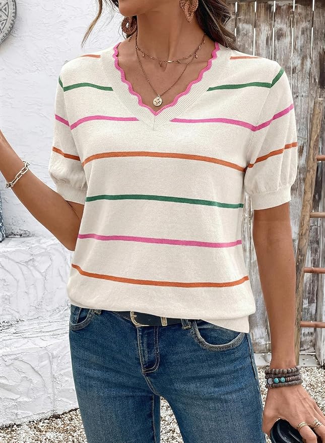 Dokotoo Womens Summer Short Sleeve Knit Tops 2026 Spring Trendy Casual V Neck Striped Sweater Blouses - Image 2