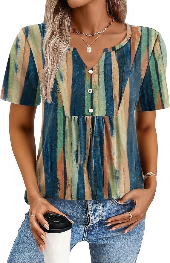 Zeagoo Womens Short Sleeve Tops Summer Henley V-Neck Tshirts Casual Pleated Blouse Dressy Loose Floral Basic Tee - Image 2