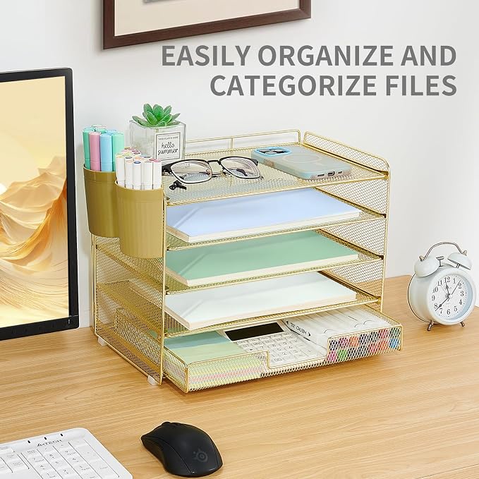 LEKETREE Desk Organizers and Accessories, 5-Tier Paper Letter Tray Organizer with Drawer & 2 Pen Holders, Desktop Organizer for Office Supplies (Gold) - Image 5