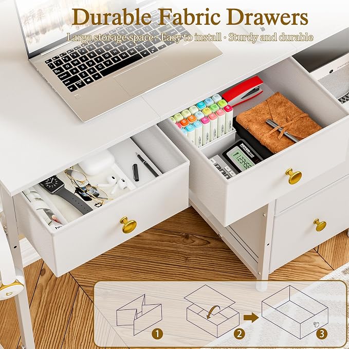3IngSeagulls Small Computer Desk with 4 Fabric Drawers, Simple Writing Desk for Home Office, Compact Study Desks for Small Spaces, Kids Desk Study for Bedroom, White - Image 7