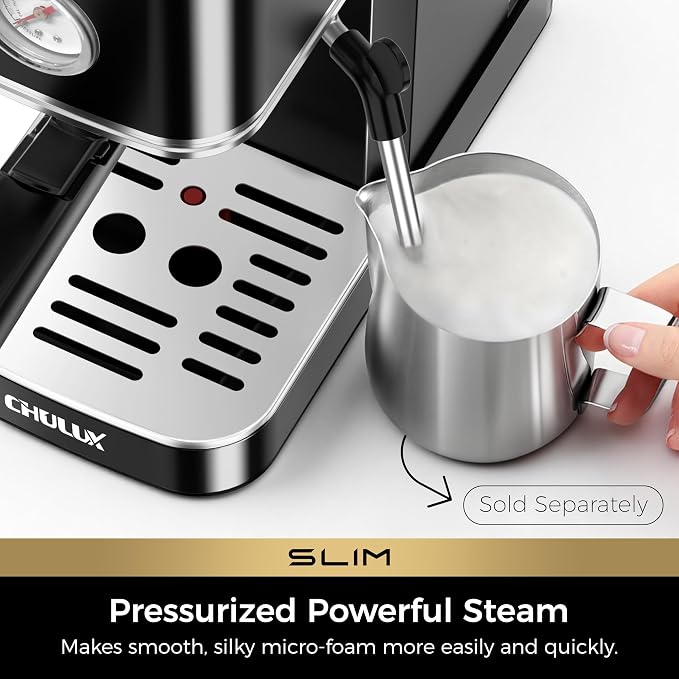 CHULUX Slim Espresso Machine with Milk Frother for Home Cappuccino, Black | Precise Pressure Gauge, Food-Grade Materials, 20 Bar Italian Pump, Professional Temperature Control System, Stainless Steel - Image 3